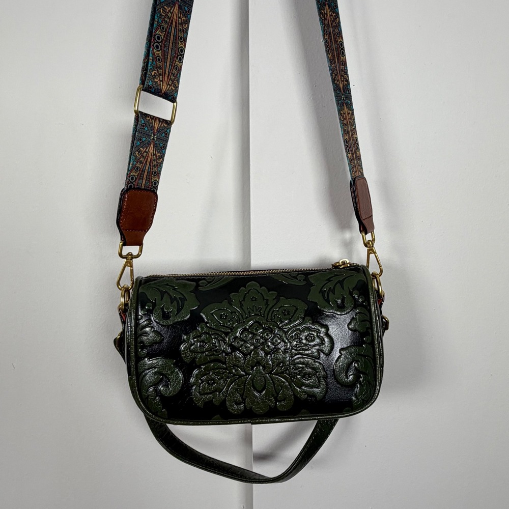 Vintage Aesthetic dark Green Embossed Floral Shoulder Crossbody Bag - Picture 6 of 7